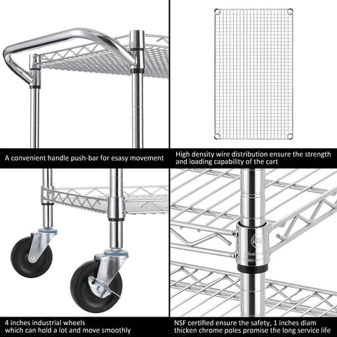 Heavy Duty Commercial Grade Utility Cart With Three Tiers And Handle Bar Steel Wire Rolling Cart With Wheels For Kitchen Workshop Or Food Storage NSF Listed Durable Plant Display Shelf Trolley Finnhomy, close-up of wheels and chrome wire shelf