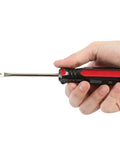 Hand holding heavy duty tack lifter for carpet tacks and small nails with chrome vanadium steel shank and rust plating