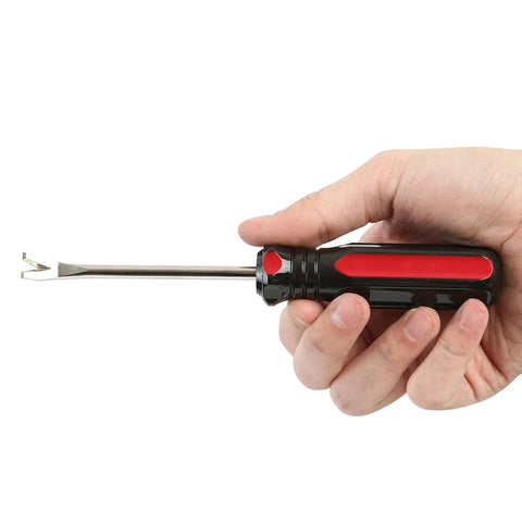 Hand holding heavy duty tack lifter for carpet tacks and small nails with chrome vanadium steel shank and rust plating