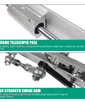 Close-up of chrome telescopic pole and high strength swing arm on heavy-duty reciprocating linear actuator.