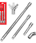 Four Piece Three Eighths Inch Drive Socket Extension Bar Set With Three Six And Ten Inch Extensions And Universal Joint Sockets Chrome Vanadium Steel