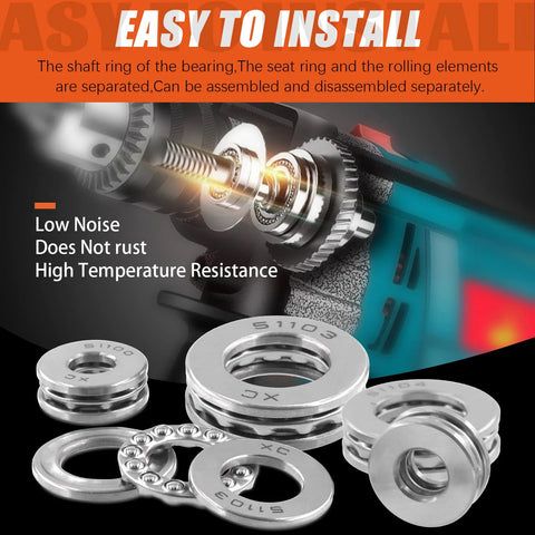 Beefy Nine Piece Chrome Steel Thrust Ball Bearings Set With Multiple Bore Sizes For Oven Turntables And Pumps, shown disassembled.