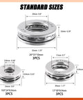 Beefy Nine Piece Chrome Steel Thrust Ball Bearings Set With Multiple Bore Sizes For Oven Turntables And Pumps shown with dimensions