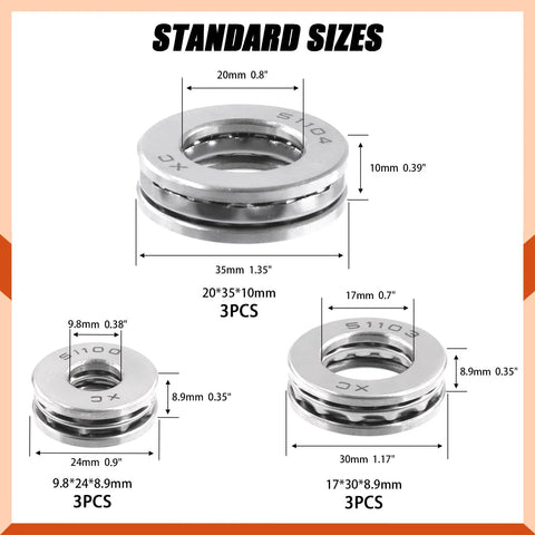 Beefy Nine Piece Chrome Steel Thrust Ball Bearings Set With Multiple Bore Sizes For Oven Turntables And Pumps shown with dimensions
