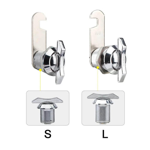 Effortless, keyless access with a thumb operated offset cam lock for RVs, campers, storage cabinets, drawers, and mailboxes; simply turn the wing handle to lock or unlock, compact 19x16mm size, color S.
