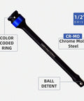 Black 1/2" Drive Torque Limiting Extension Stick with color-coded ring, ball detent, made of chrome moly steel, 100 ft-lb (135 Nm)