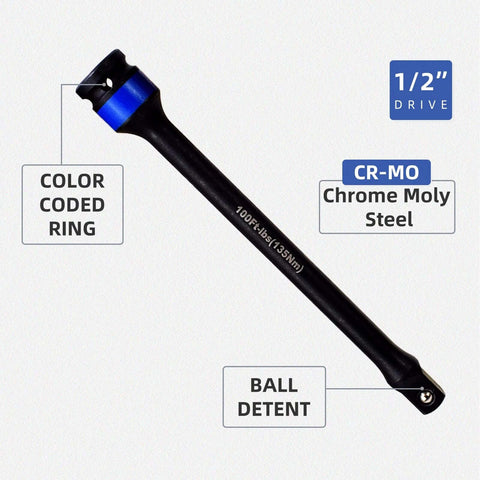 Black 1/2" Drive Torque Limiting Extension Stick with color-coded ring, ball detent, made of chrome moly steel, 100 ft-lb (135 Nm)