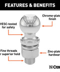 Chrome Trailer Hitch Ball For 2-Inch Couplers, 3500 Lbs Tow Capacity, shown with safety and durability features, close-up view.