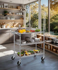 Heavy Duty Commercial Grade Utility Cart With Three Tiers And Handle Bar Steel Wire Rolling Cart With Wheels For Kitchen Workshop Or Food Storage NSF Listed Durable Plant Display Shelf Trolley Finnhomy in a kitchen setting.