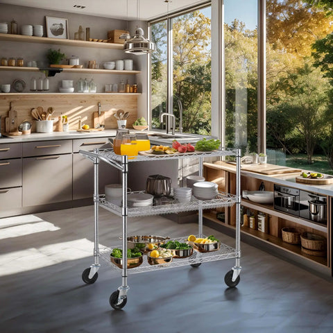 Heavy Duty Commercial Grade Utility Cart With Three Tiers And Handle Bar Steel Wire Rolling Cart With Wheels For Kitchen Workshop Or Food Storage NSF Listed Durable Plant Display Shelf Trolley Finnhomy in a kitchen setting.