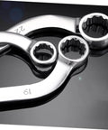 Close-up of Five Piece Volt Socket Spanner Set With Chrome-Vanadium Steel Double-Ended Box Wrenches on a black surface.