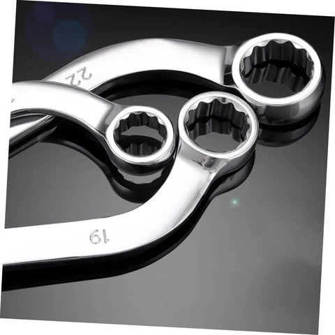 Close-up of Five Piece Volt Socket Spanner Set With Chrome-Vanadium Steel Double-Ended Box Wrenches on a black surface.