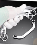 Hand holding Five Piece Volt Socket Spanner Set With Chrome-Vanadium Steel Double-Ended Box Wrenches for repair work.