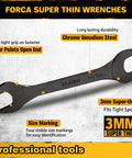 Ultra Slim 19 Piece Open End Wrench Set With Roll Up Pouch, 3 mm ultra thin profile, Chrome Vanadium Steel, size marking detail