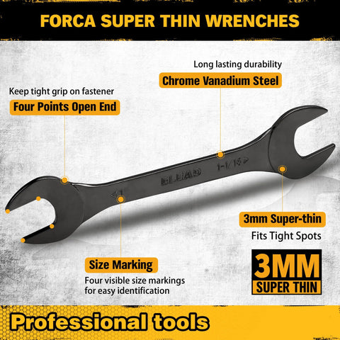 Ultra Slim 19 Piece Open End Wrench Set With Roll Up Pouch, 3 mm ultra thin profile, Chrome Vanadium Steel, size marking detail