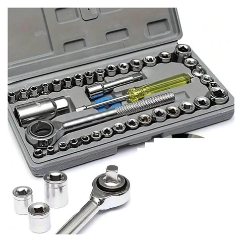 40 Piece Ratchet And Socket Set For Home And Car Repairs In A Portable Toolbox Case Made From Chrome Vanadium Steel With Mirror Finish