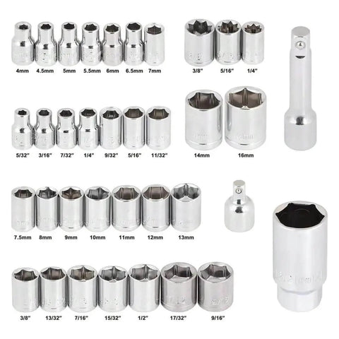 40 Piece Ratchet And Socket Set For Home And Car Repairs In A Portable Toolbox Case Made From Chrome Vanadium Steel With Mirror Finish Built To Last And Rust Resistant Includes Universal Joint And Wrenches For Quick Fixes On The Go shown with various socket sizes.