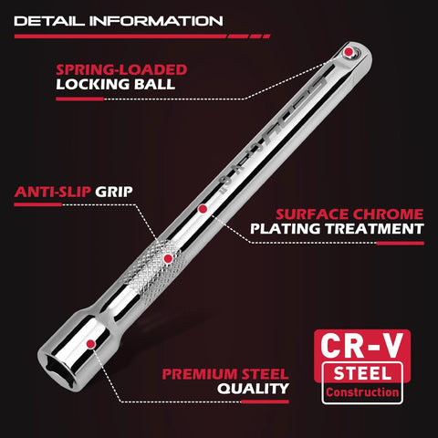 Close-up view of a Four Piece Three Eighths Inch Drive Socket Extension Bar with chrome plating and anti-slip grip