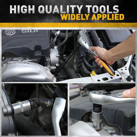 Heavy Duty Chrome Vanadium Socket Extension Set For Quarter Inch Drive, Three-Eighths Inch Drive And Half Inch Drives, in use on car engine