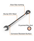 Heavy Duty Built Tough One Half Inch Ratcheting Wrench For SAE Standards Industrial Grade Gear Wrench With 12Point Design And 72Tooth Ratchet Chrome Vanadium Steel Egofine showing size markings and corrosion resistant surface.