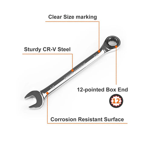Heavy Duty Built Tough One Half Inch Ratcheting Wrench For SAE Standards Industrial Grade Gear Wrench With 12Point Design And 72Tooth Ratchet Chrome Vanadium Steel Egofine showing size markings and corrosion resistant surface.