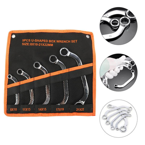 Five Piece Steel Box Wrench Set With 12 Point Metal Socket Spanners For Automotive And Home Repair displayed in a pouch