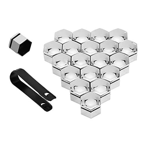 20 Pcs Universal Car Wheel Nut Caps And Auto Hub Screw Covers 17mm 19mm 21mm with removal tool shown in silver plastic