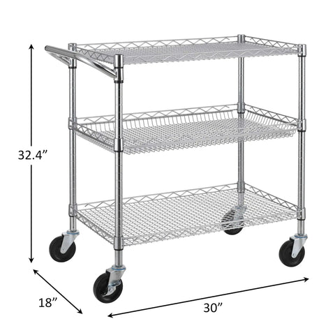 Heavy Duty Commercial Grade Utility Cart With Three Tiers And Handle Bar Steel Wire Rolling Cart With Wheels For Kitchen Workshop Or Food Storage NSF Listed Durable Plant Display Shelf Trolley Finnhomy