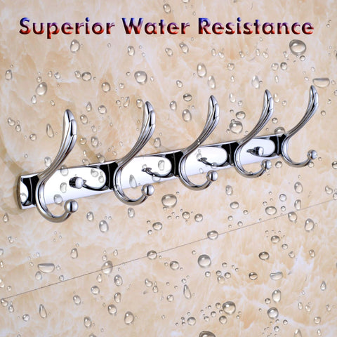 Chrome bathroom hook rack on wet marble, showing superior water resistance with droplets visible on surface.