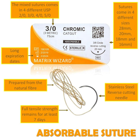 Absorbable Chromic Catgut suture pack, showing thread and needle, for mixed suture thread with needle set for med practice and first aid demos