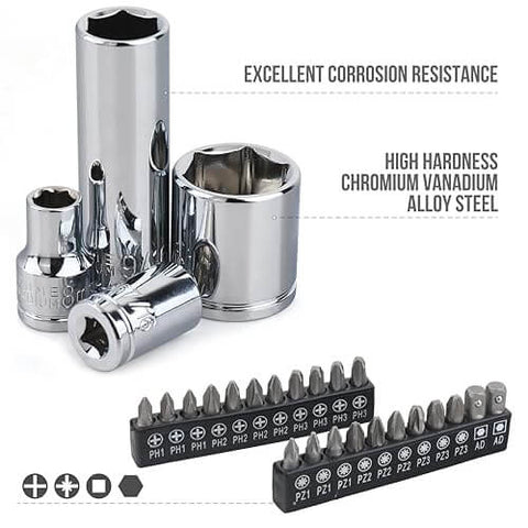 Sockets and screwdriver bits from Beefy Garage-Ready Mechanic Tool Set With Case 145-Piece Socket Kit in chrome-vanadium steel.