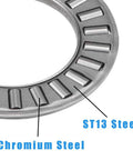 Close-up of Four Pack NTA1220 Thrust Needle Roller Bearings with TRA Washers, showing chromium steel rollers and ST13 steel composition.