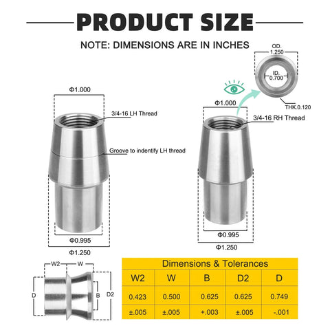 Product size chart for 3/4 Heim Joint Rod End Kit with Left and Right Hand Threads, .750 Chromoly Panhard Joints Set, dimensions in inches