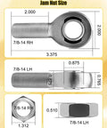 Diagrams showcasing dimensions of 7/8 inch Heim joint rod end kit with 7/8-14 left and right hand threads, chromoly jam nuts.