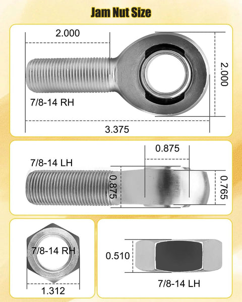 Diagrams showcasing dimensions of 7/8 inch Heim joint rod end kit with 7/8-14 left and right hand threads, chromoly jam nuts.