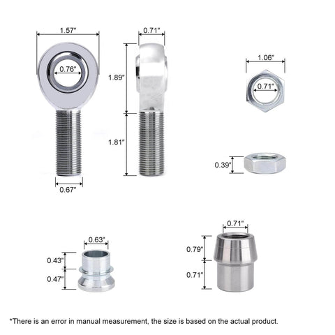 Diagram of 3/4 inch Heim joint rod end kit with chromoly panhard rod ends, tube adapters, misalignment spacers, and jam nuts.
