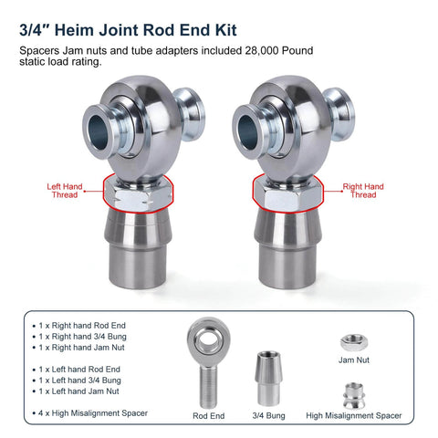 3/4 inch Heim joint rod end kit, chromoly panhard rod ends with right and left hand thread, includes tube adapters, jam nuts