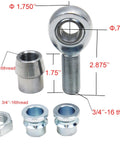 3/4 Heim Joint Rod End Kit with Right & Left Hand Threads, showing chromoly heim joint, jam nut, tube bung, misalignment spacer