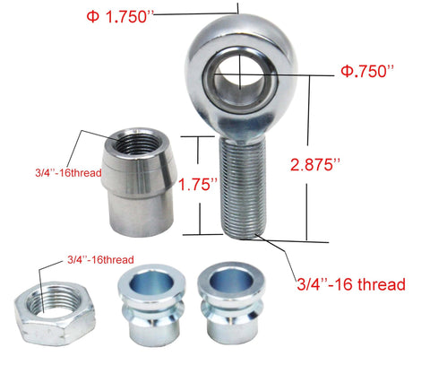 3/4 Heim Joint Rod End Kit with Right & Left Hand Threads, showing chromoly heim joint, jam nut, tube bung, misalignment spacer