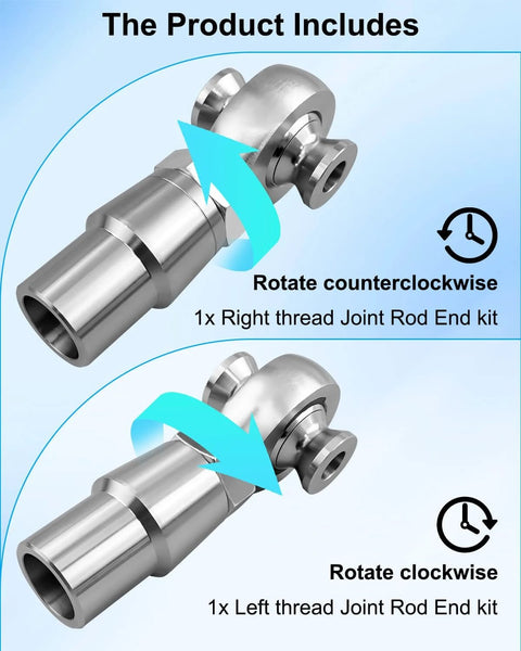 7/8 x 7/8-14 Heim Joint Rod End Kit with Right and Left Hand Threads, showing chromoly material and rotation direction