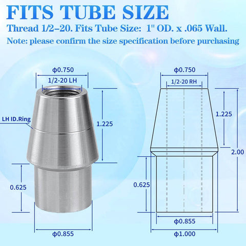 1/2 x 1/2-20 Heim joint rod end kit tube adapter dimensions and specifications