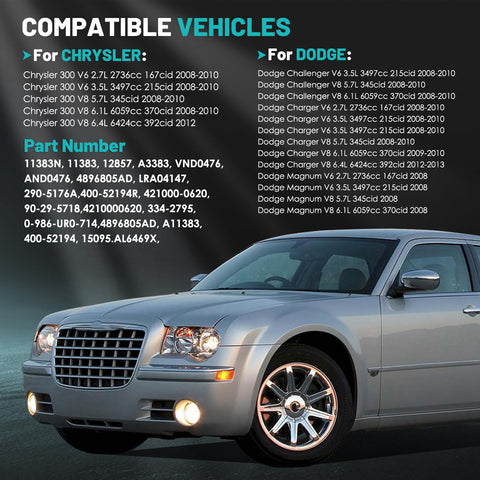 Compatible vehicles list with Chrysler 300 car image for 160A 12V 6-Groove Car Alternator Replacement For Chrysler 300 2008-2012, Dodge Challenger 2008-2010, Charger 2008-2013, And Magnum 2008 With CW Rotation, High Output Ready To Roll.