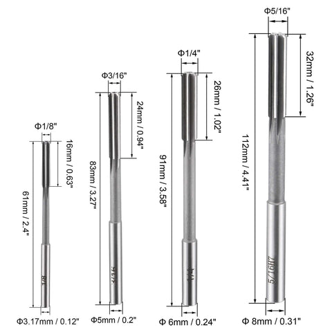 Pro Grade Chucking Reamer Set For Precision Bore Machining With High Speed Steel Four Piece Reamer Set In Sizes 1/8 Inch 3/16 Inch 1/4 Inch And 5/16 Inch H7 Tolerance Straight Shank Lathe Tool Reamers
