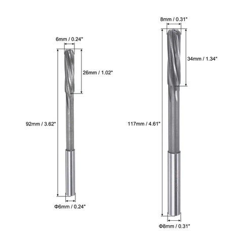 Image of two spiral flute reamers from the Chucking Reamers Set For Lathe And Milling Machines By Uxcell, showing dimensions.