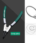 Green-handled circlip pliers with an example of a circlip and installation diagram on a dark background.