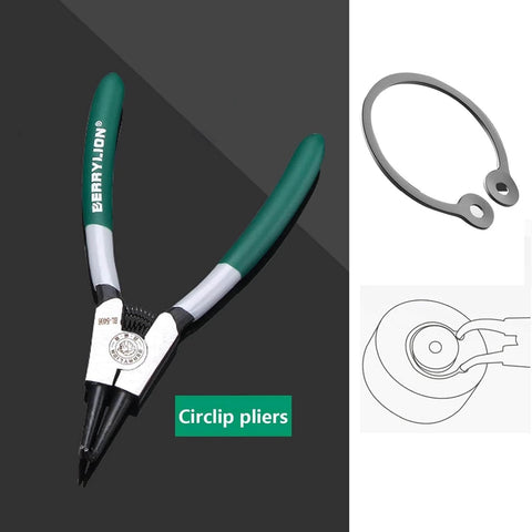 Green-handled circlip pliers with an example of a circlip and installation diagram on a dark background.
