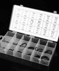 150 Piece Circlip Snap Ring Kit With 3mm To 32mm Internal And External Lock Rings 18 Sizes In Box For Industrial Fasteners And Machinery Maintenance DIY Projects.