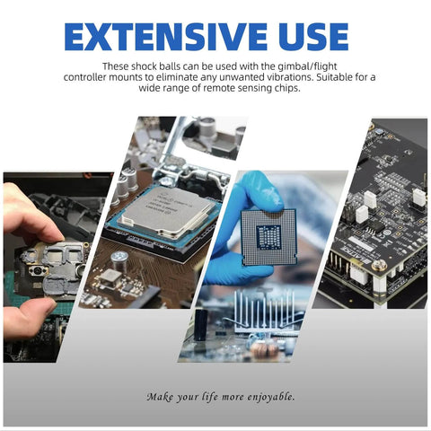 Conceptual image showing electronics with text highlighting the extensive use of the 36 Pcs Anti Vibration Standoffs And Rubber Damper Balls Set For Flight Controller Includes 12 Pcs M2 Anti Vibration Screws 12 Pcs Rubber Damper Balls M2 X 6.6 And 12 Pcs M6 Rubber O Rings For Shock Absorption And Secure Mounting.