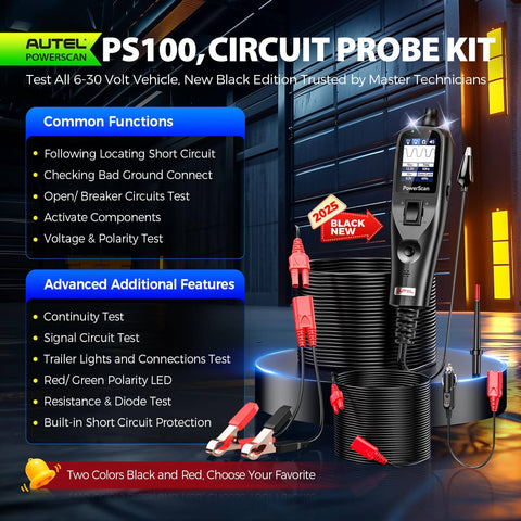 PowerScan PS100 Power Circuit Probe Tester with 40ft cable for car diagnostics, highlighting main features and functions.