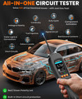 All In One Automotive Power Circuit Probe Tester Kit For Cars 12/24V showing digital display and car schematic